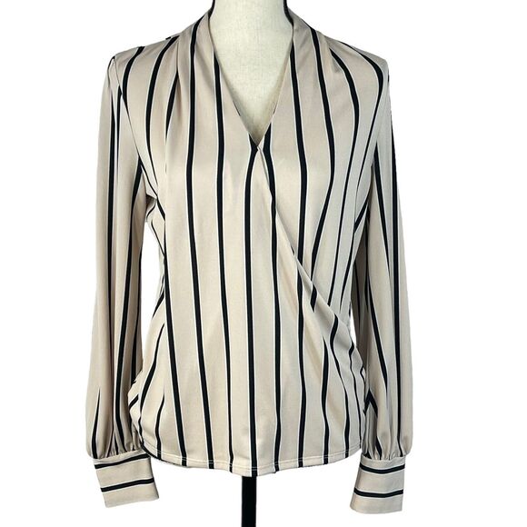 Adrianna Papell Small Top Long Puff Sleeves Striped V-Neck Stretch Beige Black - Picture 1 of 10